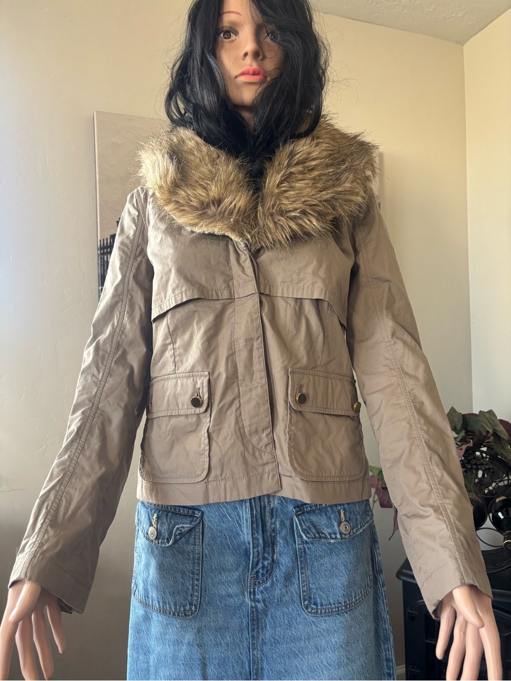Tory Burch Taupe Utility Jacket with Faux Fur Collar